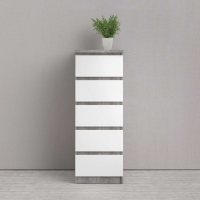 Trendy Tall Narrow Concrete And White High Gloss 5 Drawer Bedroom Chest 111.3 x 40.4cm