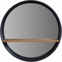 Kempsey Modern Style Black Wooden Rimmed Round Wall Mirror With Shelf 62 x 62cm