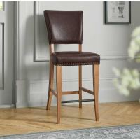 Rustic Oak Kitchen Breakfast Bar Stool Espresso Brown Faux Leather Upholstered