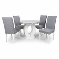 Neptune Marble Top Small Round Dining Table and 4 Randall Silver Grey Chairs Dining Set