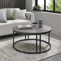 Silver Grey Round Coffee Sofa Table Inlaid Wooden Top And Steel Tubular Base