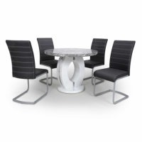 Neptune Marble Top Small Round Dining Table and 4 Callisto Black Leather Chairs Dining Set
