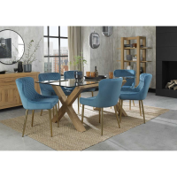 Modern Glass Dining Table Set Light Oak X Frame 6 Blue Velvet Dining Chairs Gold Legs