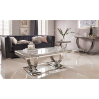 Large Coffee Table Grey and White Marble Top Stainless Steel Base 130 x 70cm