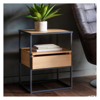 Modern Oak Wood 1 Drawer Side End Table With Shelf And Black Metal Frame 60x45cm