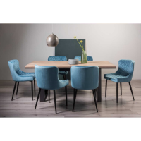 Retro Weathered Oak 190 to 240cm Extending Dining Table Set 6 Blue Velvet Fabric Chairs