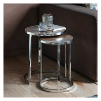 Nest of 2 Round Side Tables with Walnut Top Silver Steel Frame 46cm Diameter