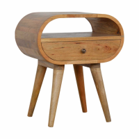 Traditional Round Edge Mango Wood Oak Finish 1 Drawer Bedside Cabinet Table Nightstand