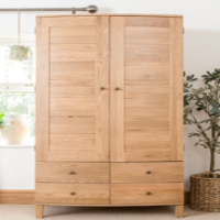 Tall Solid Light Oak Curved Front Double Wardrobe 2 Doors 4 Drawer Base