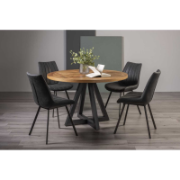 Rustic Oak Round Dining Table Set with 4 Dark Grey Faux Suede Chairs