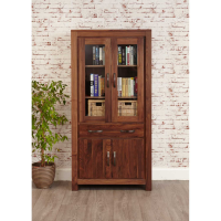 Solid Walnut Large 2 Door Glazed Bookcase With Cupboard Base 1 Drawer