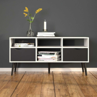 Retro Low Wide White and Matt Black 2 Drawer TV Unit With Cut Out Handles 57.4x117.2cm