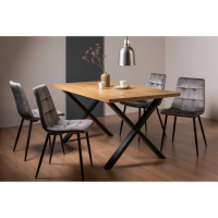 Rustic Oak Effect 6 Seater Dining Table X Legs with 4 Mondrian Grey Velvet Fabric Chairs