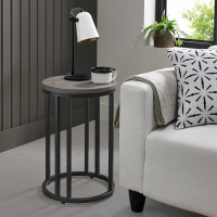 Silver Grey Round Side End Table Marquetry Top Geometric Black Metal Base