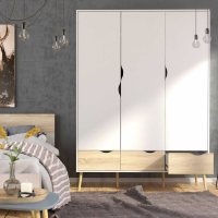 Modern White and Oak 3 Door Triple Bedroom Wardrobe With Cut Out Handles 200.1 x 147.2cm