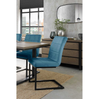 Modern Petrol Blue Velvet Fabric Cantilever Dining Chairs Black Metal Legs