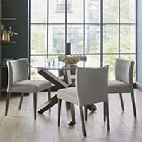 Dark Oak 120cm Circular Glass Kitchen Dining Table with 4 Low Back Grey Fabric Chairs Set