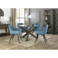 Turin Clear Glass Round 4 Seater Kitchen Dining Set 4 Dali Petrol Blue Velvet Chairs