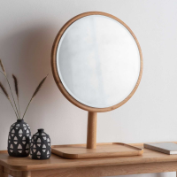 Modern Style Light Oak and Glass Round Vanity Dressing Table Mirror 64x46cm