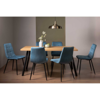 Ramsay Rustic Oak Effect Melamine 6 Seater Dining Table with 4 Legs And 6 Mondrian Petrol Blue Velvet Fabric Chairs with Sand Black Powder Coated Legs
