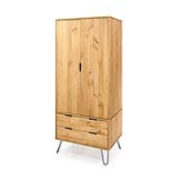 Pine Double Wardrobe Hairpin Metal Legs 2 Doors 2 Drawers 176cm Tall