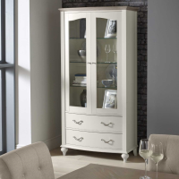 Modern Glass Display Cabinet Grey Painted Washed Oak Top 2 Doors Drawers 100 x 200cm