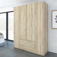 Modern Large Tall Dark Oak Finish 4 Door and 3 Drawer Wardrobe