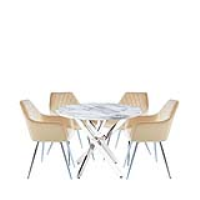 Value Nova 100cm White Marble Dining Set With 4 Quinn Champagne Chairs