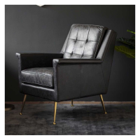 Black Leather Upholstery Buttoned Back Armchair on Retro Gold Metal Legs