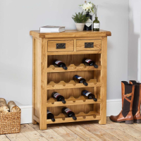 Small Medium Oak Wine Rack With 20 Bottle Holders 2 Drawers Lacquered Rustic Style