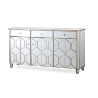 Modern Mirrored Glass Champagne Silver Trim Large 3 Door 3 Drawer Sideboard Cabinet