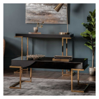 Modern Sleek Geometric Black Mirrored Coffee Sofa Table On Golden Legs 120cm