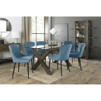Turin Glass 6 Seater Kitchen Dining Set Dark Oak Legs 6 Cezanne Petrol Blue Velvet Chairs