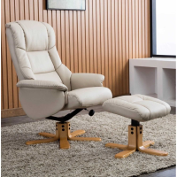 Modern Ivory Cream Bone Leather Swivel Recliner Armchair with Footstool Set Oak Base