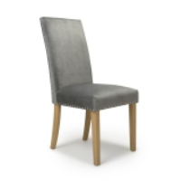 Grey Velvet Fabric Dining Chair Natural Wood Legs Chrome Studs
