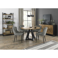 Modern Rustic Oak Round Dining Table Set with 4 Grey Velvet Chairs 125cm Diameter