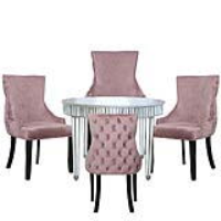 Apollo Silver Mirrored 120cm Round Dining Set With 4 Tufted Back Pink Chairs
