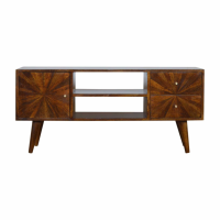 Retro Brown Polished Living Room 2 Drawer TV Unit With Brass Candle Knobs 50 x 110cm