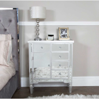 Modern Mirror Top Silver Wooden 5 Drawer Chest With Crystal Knob Handles 87.5 x 72cm