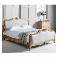 Shabby Chic 150cm 5ft King Size Grey Linen Fabric Upholstered Bed Mindy Ash Weathered Finish