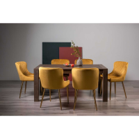 Turin Dark Oak Extending Kitchen Dining Set 6 Mustard Yellow Velvet Fabric Chairs