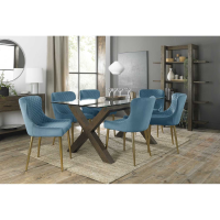 Modern Clear Glass 6 Seater Dining Table Set X Dark Oak Legs 6 Petrol Blue Velvet Chairs