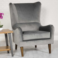Grey Velvet Fabric Upholstered Winged Back Accent Armchair