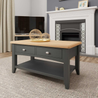 Grey Painted Large Low Coffee Table 2 Drawers Wooden Framed Oak Top