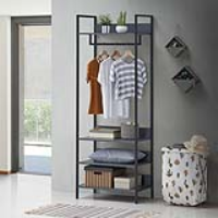 Black Metal Frame and Grey Open Wardrobe with 4 Shelves 180 x 64cm Modern Style