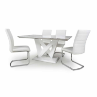 Saturn Marble Top Medium Rectangular Table and 4 Callisto White Leather Chairs Dining Set
