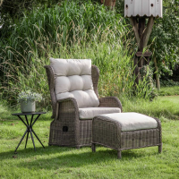 Natural Rattan Outdoor Garden Reclining Armchair and Footstool Set Metal Framed