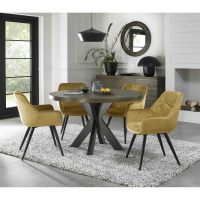 Dark Oak 4 Seater Round 125cm Dining Table Set Cross Legs 4 Mustard Velvet Fabric Chairs