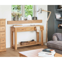 Solid Light Oak Wide Console Hall Table With 3 Drawers and Bottom Shelf