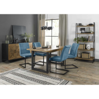 Indus Rustic Oak 4 to 6 Seater Table And 4 Lewis Petrol Blue Velvet Chairs Dining Set